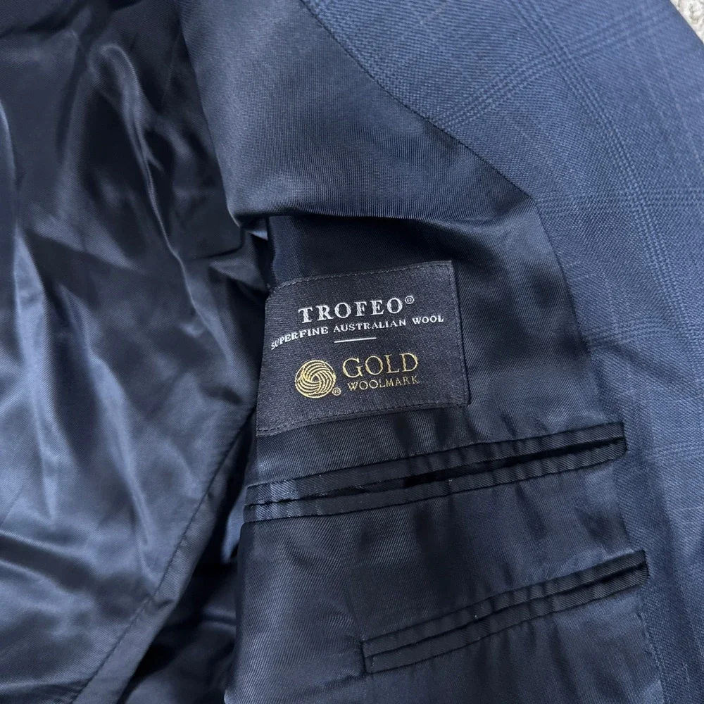 Ermenegildo Zegna Suit Jacket Mens 40R Navy Blue Trofeo Wool Plaid Blazer Italy
